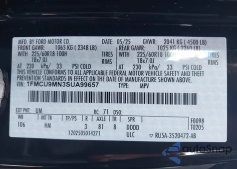 2025 Ford Escape St-Line from USA, damaged, VIN 1FMCU9MN3SUA99657